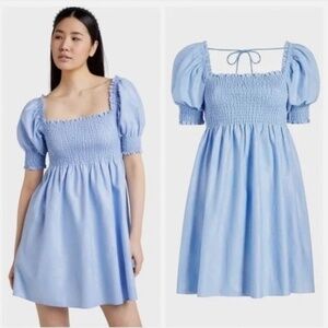 Hill House Athena Nap Dress Light Blue Glitter Check Smocked Size Small
